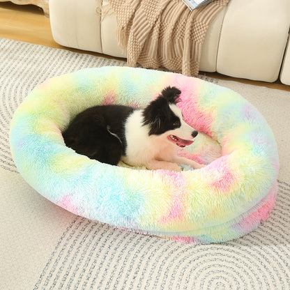 Fluffy Donut-Shaped Pet Bed- Soft, Cozy, and Anti-Anxiety for Dogs and Cats, Machine Washable Rainbow-colored Size:L 90*65*20cm-Pet Care &gt; Dog Supplies &gt; Dog Beds-PEROZ Accessories