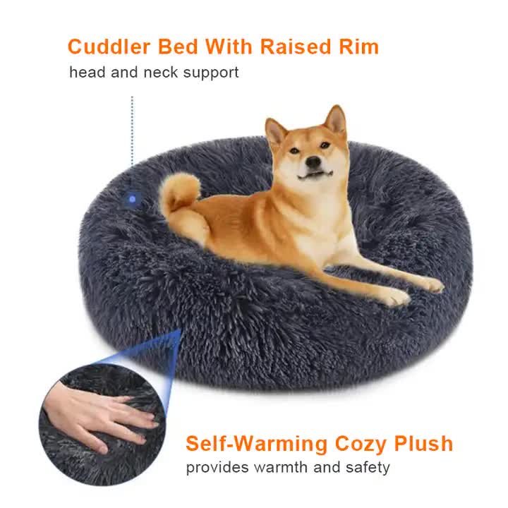 Calming Donut Pet Bed -Soft Faux Fur, Anti-Anxiety Fluffy Round Bed for Cats and Small Dogs (Black)40cm-Pet Care &gt; Dog Supplies &gt; Dog Beds-PEROZ Accessories