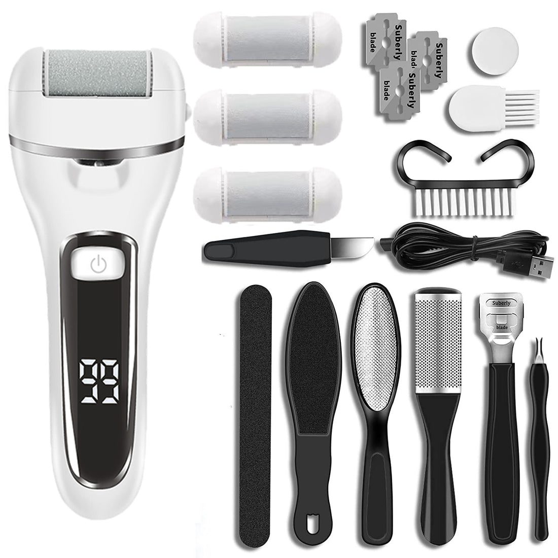 White 10 Pcs Suit Electric Foot Callus Remover with LCD Display | Waterproof Pedicure Set | Dual-Speed Dead Skin Exfoliator for Smooth Feet-Foot Care-PEROZ Accessories
