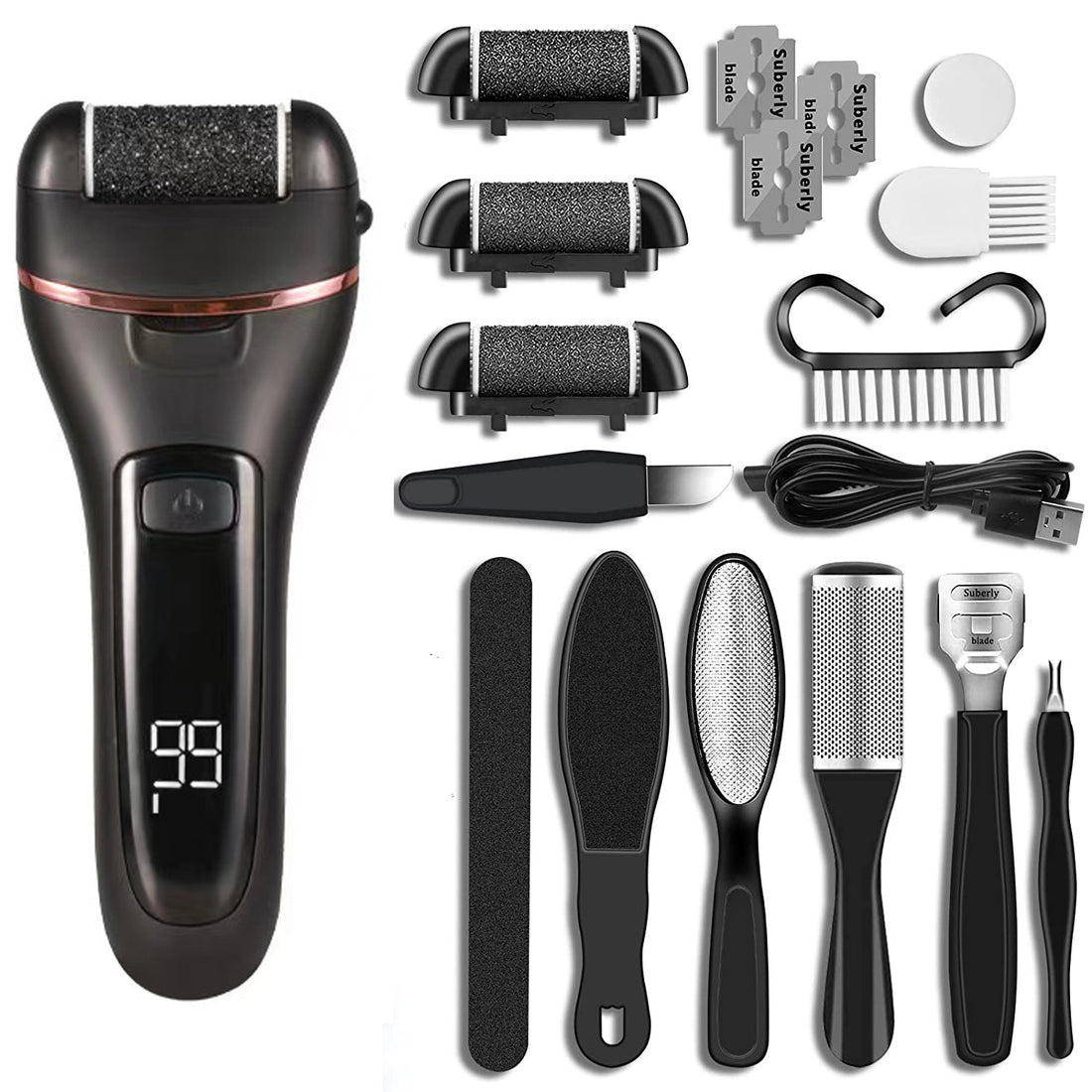 Black 10 Pcs Suit Electric Foot Callus Remover with LCD Display | Waterproof Pedicure Set | Dual-Speed Dead Skin Exfoliator for Smooth Feet-Foot Care-PEROZ Accessories