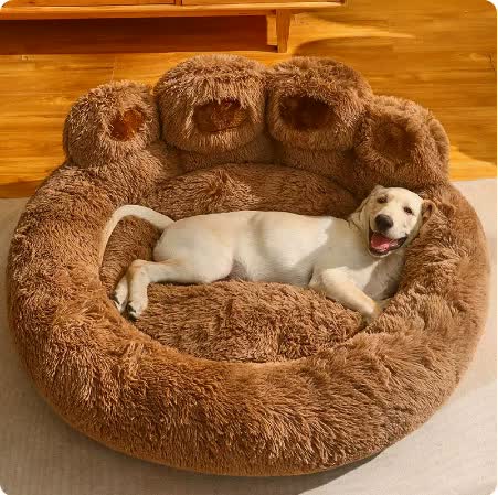 Diameter 90cm Brown Plush Dog Bed with Paw Design - Ultra Soft Round Pet Sofa for Medium to Large Dogs-Pet Care &gt; Dog Supplies &gt; Dog Beds-PEROZ Accessories