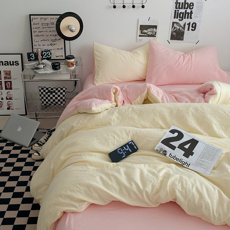 Pink-yellow 1.5m Bed Fitted Sheet Set with 200x230cm Duvet Cover - 4-Piece Bedding Set-Home &amp; Garden &gt; Bedding &gt; Bed Sheets-PEROZ Accessories
