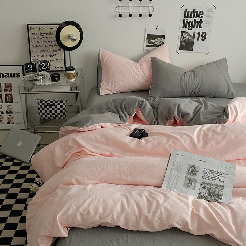 Pink-grey 1.5m Bed Fitted Sheet Set with 200x230cm Duvet Cover - 4-Piece Bedding Set-Home &amp; Garden &gt; Bedding &gt; Bed Sheets-PEROZ Accessories