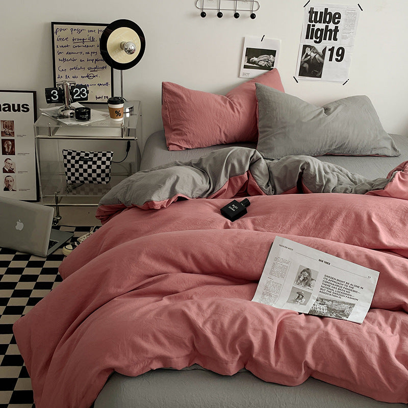Pink-grey 1.5m Bed Fitted Sheet Set with 200x230cm Duvet Cover - 4-Piece Bedding Set-Home &amp; Garden &gt; Bedding &gt; Bed Sheets-PEROZ Accessories