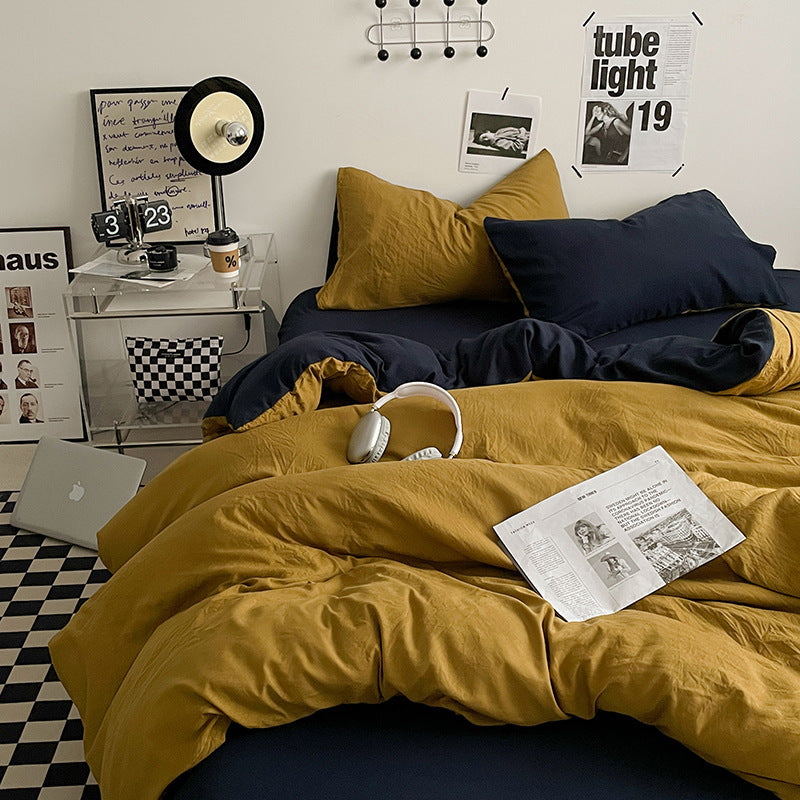 Yellow-black 1.5m Bed Fitted Sheet Set with 200x230cm Duvet Cover - 4-Piece Bedding Set-Home &amp; Garden &gt; Bedding &gt; Bed Sheets-PEROZ Accessories