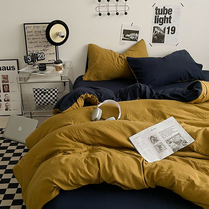 Yellow-black 1.5m Bed Fitted Sheet Set with 200x230cm Duvet Cover - 4-Piece Bedding Set-Home &amp; Garden &gt; Bedding &gt; Bed Sheets-PEROZ Accessories