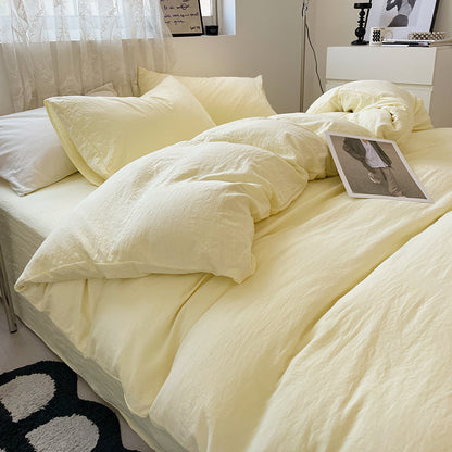 Light-yellow Solid Color Solid Color Solid Color 1.5m Bed Fitted Sheet Set with 200x230cm Duvet Cover - 4-Piece Bedding Set-Home &amp; Garden &gt; Bedding &gt; Bed Sheets-PEROZ Accessories