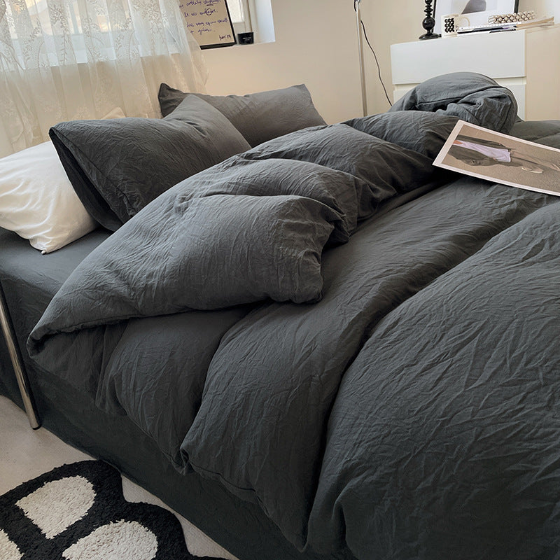 Dark Grey Solid Color Solid Color Solid Color 1.5m Bed Fitted Sheet Set with 200x230cm Duvet Cover - 4-Piece Bedding Set-Home &amp; Garden &gt; Bedding &gt; Bed Sheets-PEROZ Accessories