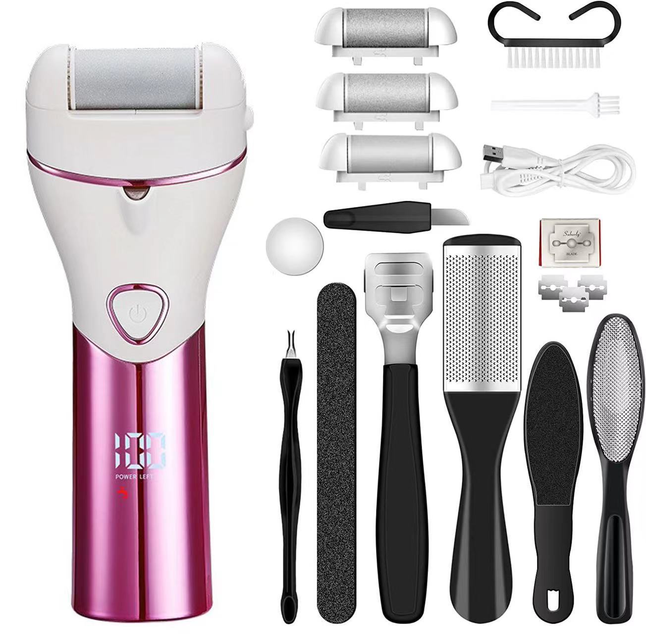 Pink And White Rechargeable Electric Foot File Callus Remover Kit - 10pc Pedicure Set with LED Display for Smooth Feet-Foot Care-PEROZ Accessories