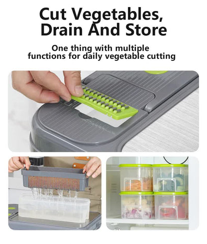 Green And Grey Ultimate 12-in-1 Multi-Functional Vegetable Slicer Dicer Chopper - Mandoline with Storage Containers &amp; Drain Basket-Home &amp; Garden &gt; Kitchenware &gt; Kitchen Utensils-PEROZ Accessories