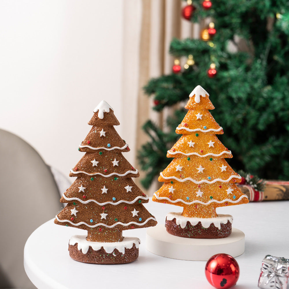 2 Pcs (1 Yellow + 1 Brown) Charming Gingerbread Christmas Tree Figurine - Festive Resin Holiday Table Decor Ornament-Occasions &gt; Christmas &gt; Christmas Decorations-PEROZ Accessories