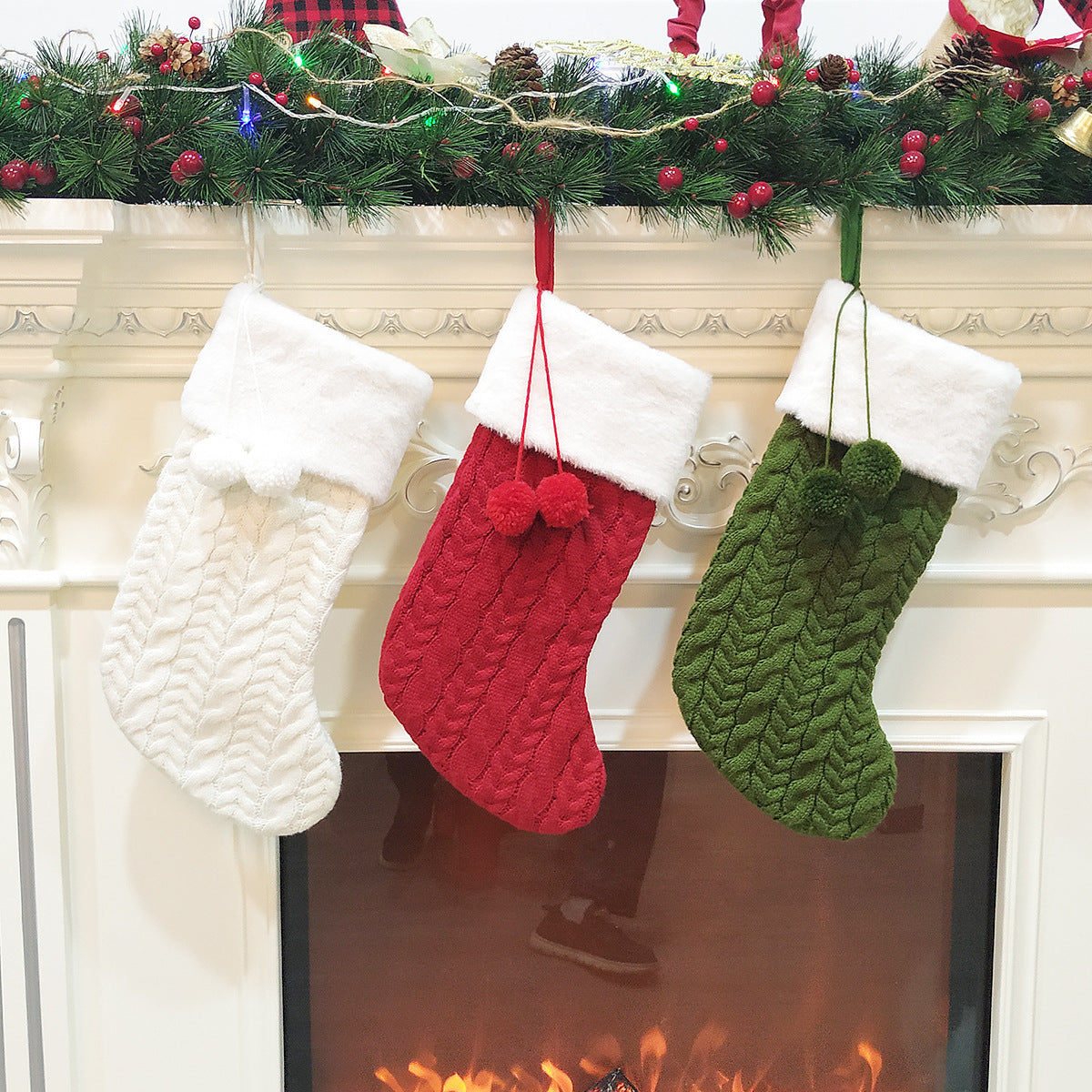 Red Large Cable Knit Christmas Stocking - Classic 43cm Holiday Decor for Fireplace Hanging-Occasions &gt; Christmas &gt; Christmas Decorations-PEROZ Accessories