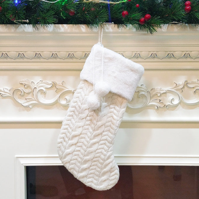 White Large Cable Knit Christmas Stocking - Classic 43cm Holiday Decor for Fireplace Hanging-Occasions &gt; Christmas &gt; Christmas Decorations-PEROZ Accessories