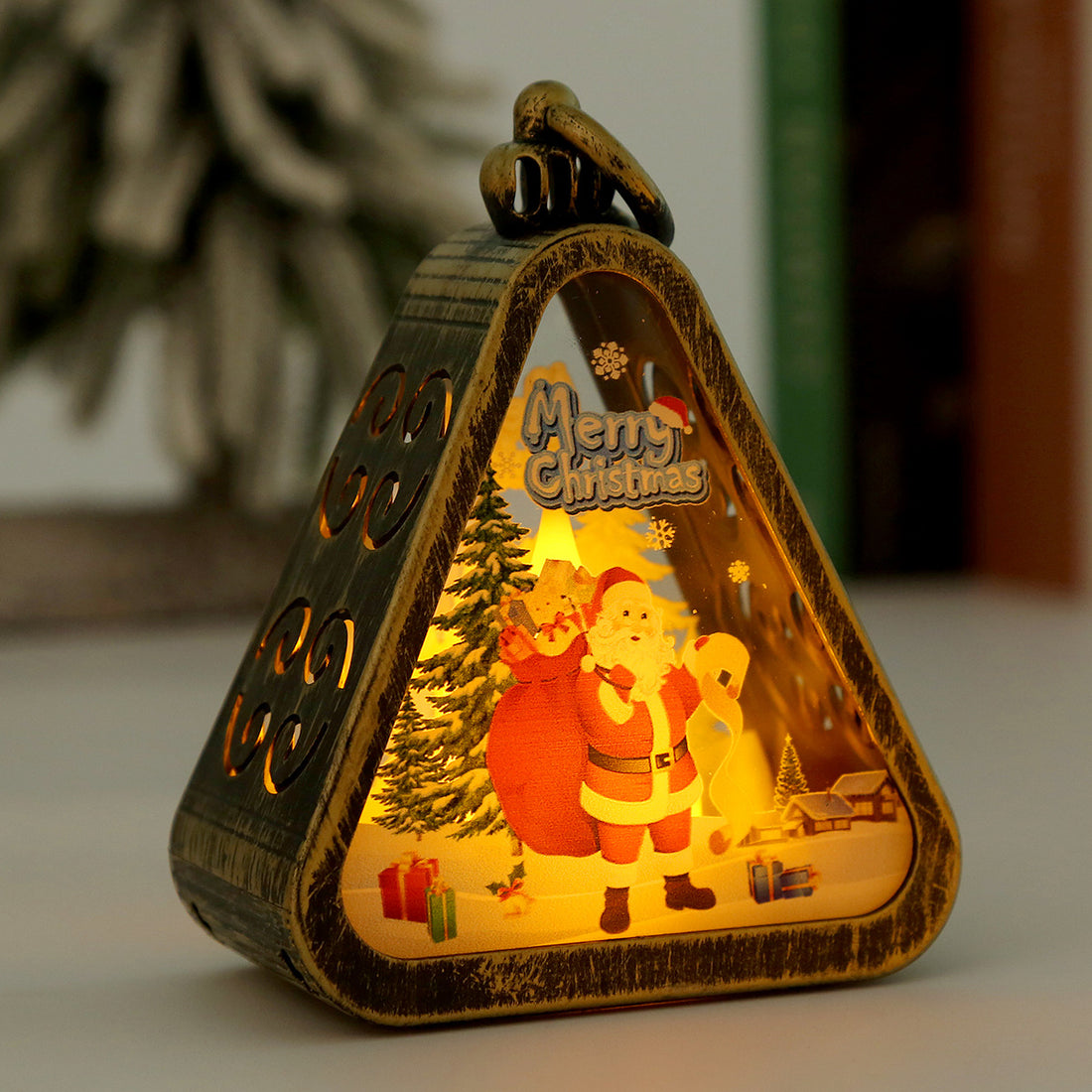 Bronze color Santa Claus Charming Christmas Scene Mini Lanterns (Set of 3) - Battery Operated LED Lights for a Cozy Holiday Glow-Occasions &gt; Christmas &gt; Christmas Decorations-PEROZ Accessories