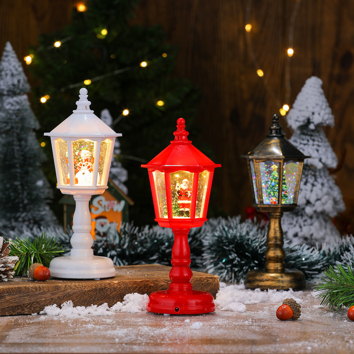 Festive LED Christmas Snow Globe Lantern - Glittering Tabletop Decoration with Santa/Snowman Scene, Dual Power(white)-Occasions &gt; Christmas &gt; Christmas Decorations-PEROZ Accessories