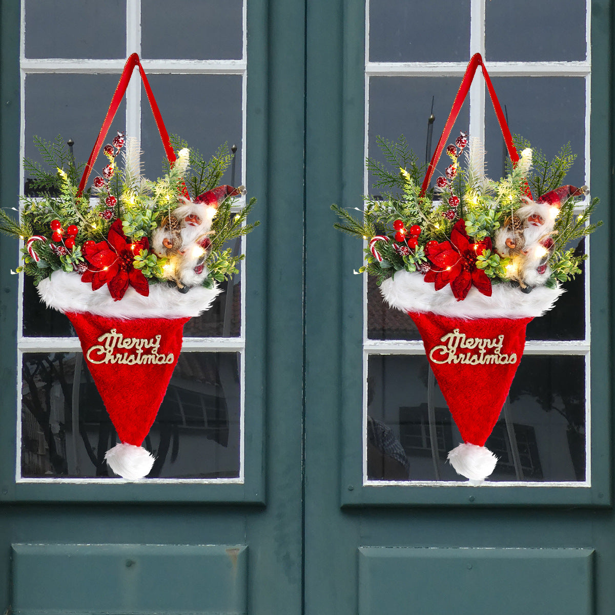 Illuminated Santa Hat Door Hanger with Holiday Greenery &amp; Berries - Christmas Wall Decor(red)-Occasions &gt; Christmas &gt; Christmas Decorations-PEROZ Accessories