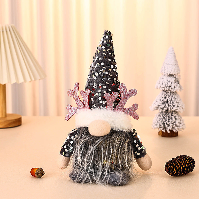 Light-Up Christmas Gnome Plush Doll with Sequin Hat &amp; Antlers - Festive LED Tabletop Decoration(silver)-Occasions &gt; Christmas &gt; Christmas Decorations-PEROZ Accessories