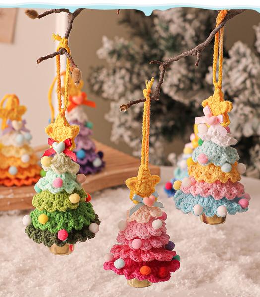 2 Pcs Style A Yellow and Pink Handmade Crochet Christmas Tree Ornament - Festive Hanging Decoration with Jingle Bell-Occasions &gt; Christmas &gt; Christmas Decorations-PEROZ Accessories
