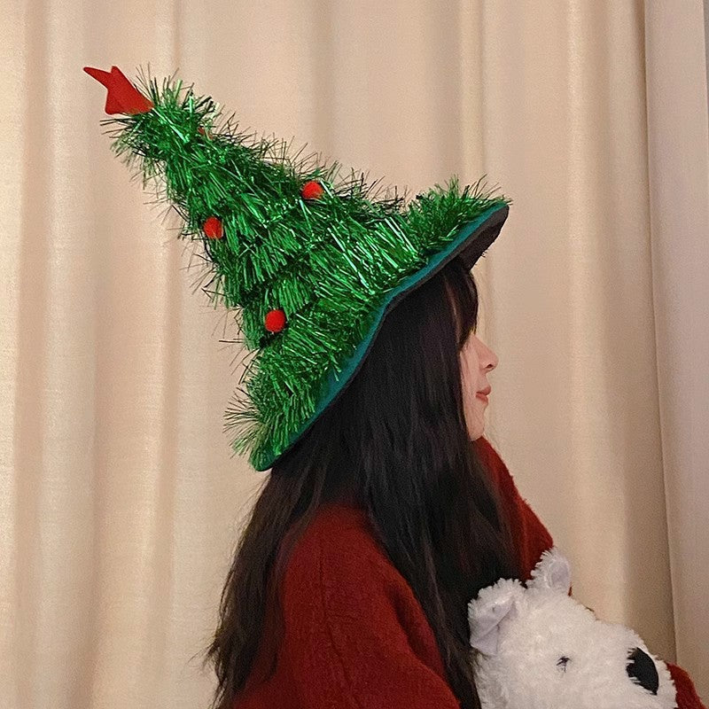 Green Sparkly Tinsel Christmas Tree Hat - Festive Holiday Party Headwear for Adults &amp; Kids-Occasions &gt; Christmas &gt; Christmas Clothing-PEROZ Accessories