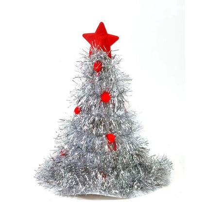 Silver Sparkly Tinsel Christmas Tree Hat - Festive Holiday Party Headwear for Adults &amp; Kids-Occasions &gt; Christmas &gt; Christmas Clothing-PEROZ Accessories