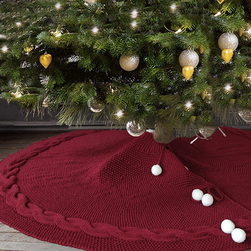 Festive Knit Christmas Tree Skirt - Acrylic Red Tree Mat with Pom-Poms 122cm-Occasions &gt; Christmas &gt; Christmas Decorations-PEROZ Accessories