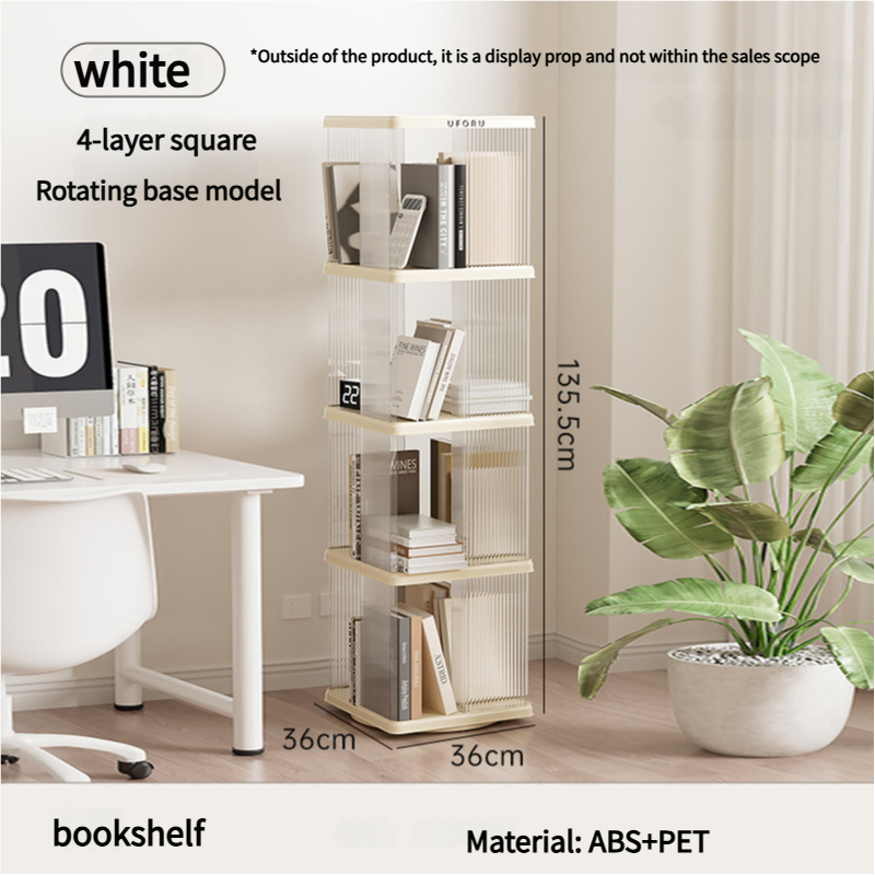 Rotating storage bookshelf square four layers- Cream White Multi-Layer Storage Rack, 36x36x135.5cm (ABS+PET)-Furniture &gt; Living Room &gt; Bookcases &amp; Shelves-PEROZ Accessories