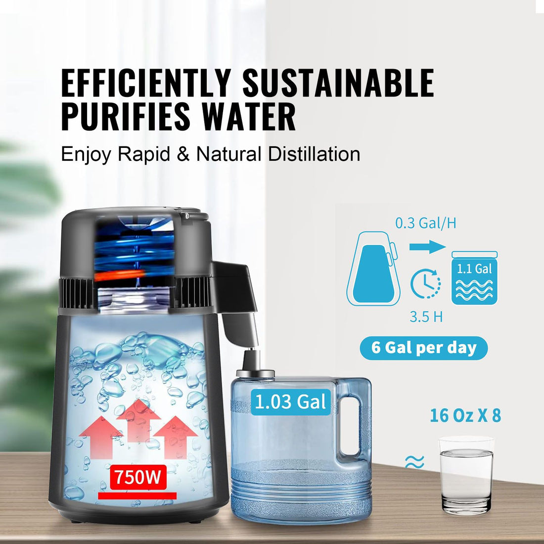Water Distiller, 4L 1.05 Gallon Pure Water Purifier Filter For Home Countertop, 750W Distilled Water Maker, Stainless Steel Interior Distiller Water Making Machine to Make Clean Water, Black-Commercial > Commercial Others > Distilling &amp; Brewing-PEROZ Accessories