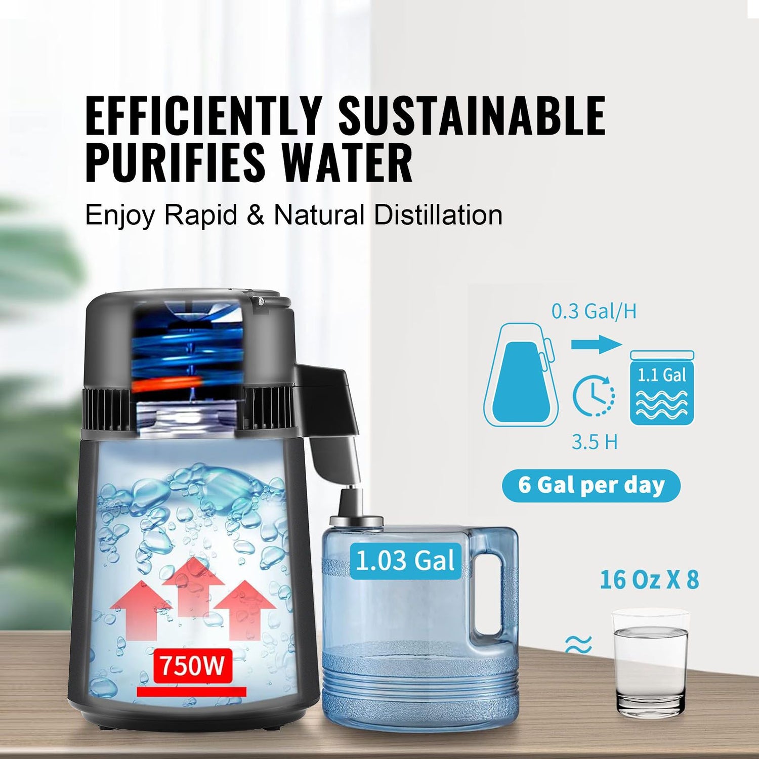 Water Distiller, 4L 1.05 Gallon Pure Water Purifier Filter For Home Countertop, 750W Distilled Water Maker, Stainless Steel Interior Distiller Water Making Machine to Make Clean Water, Black