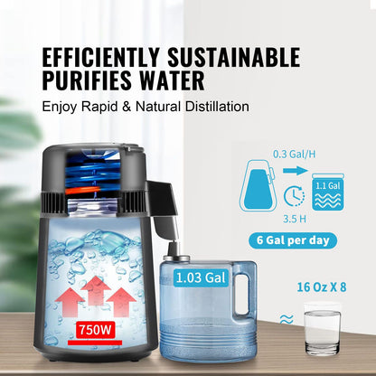 Water Distiller, 4L 1.05 Gallon Pure Water Purifier Filter For Home Countertop, 750W Distilled Water Maker, Stainless Steel Interior Distiller Water Making Machine to Make Clean Water, Black