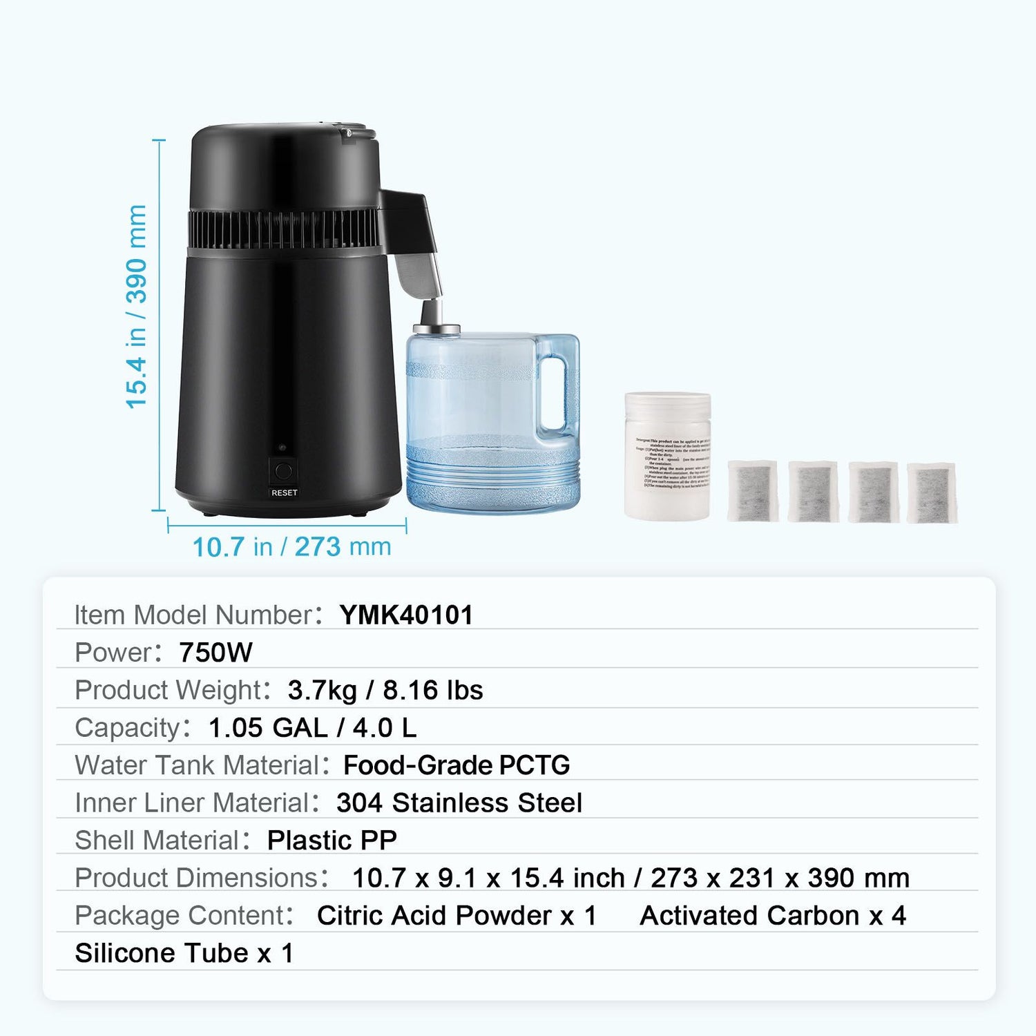 Water Distiller, 4L 1.05 Gallon Pure Water Purifier Filter For Home Countertop, 750W Distilled Water Maker, Stainless Steel Interior Distiller Water Making Machine to Make Clean Water, Black