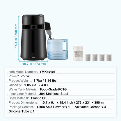 Water Distiller, 4L 1.05 Gallon Pure Water Purifier Filter For Home Countertop, 750W Distilled Water Maker, Stainless Steel Interior Distiller Water Making Machine to Make Clean Water, Black