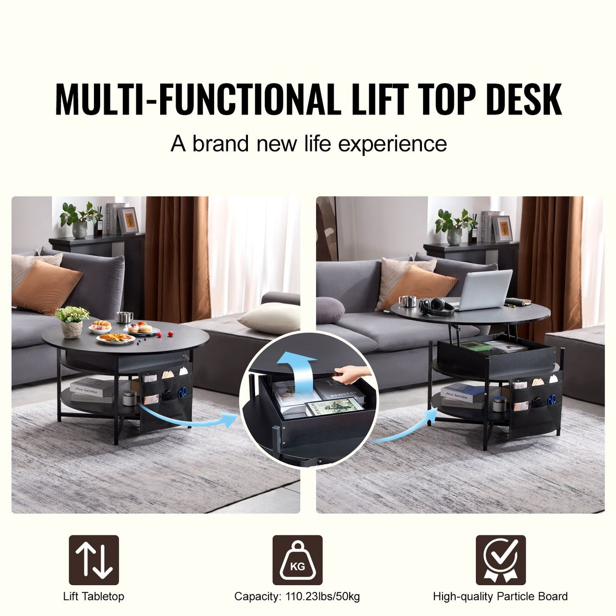 Lift Top Coffee Table 35.3" Round Coffee Table for Living Room Black-Furniture > Outdoor > Outdoor Dining Sets-PEROZ Accessories