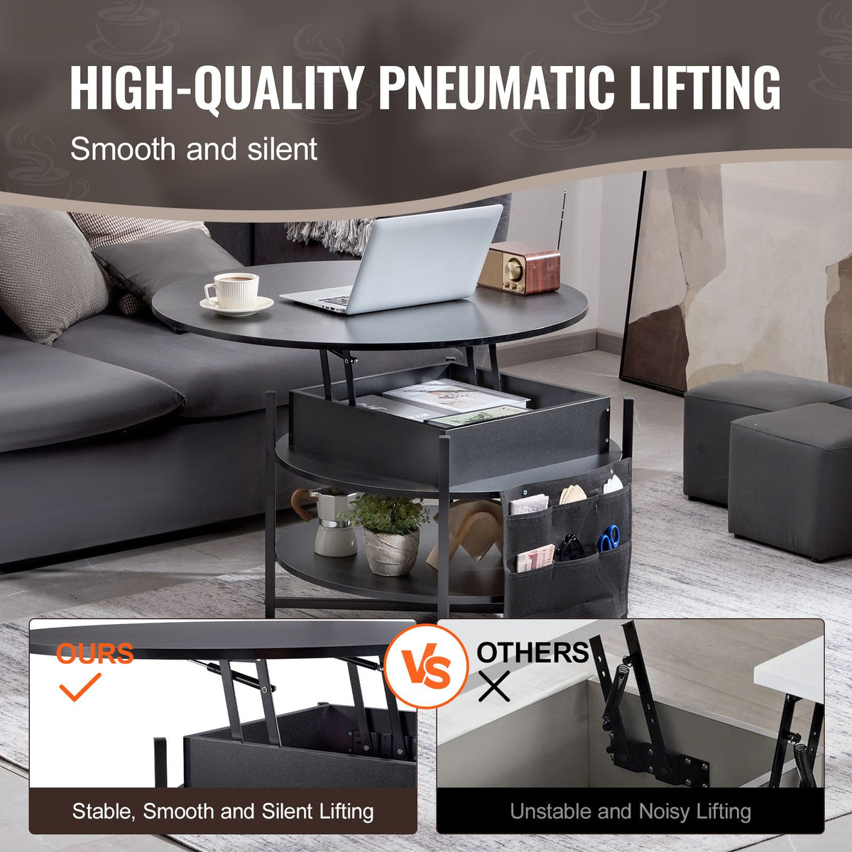 Lift Top Coffee Table 35.3" Round Coffee Table for Living Room Black-Furniture > Outdoor > Outdoor Dining Sets-PEROZ Accessories