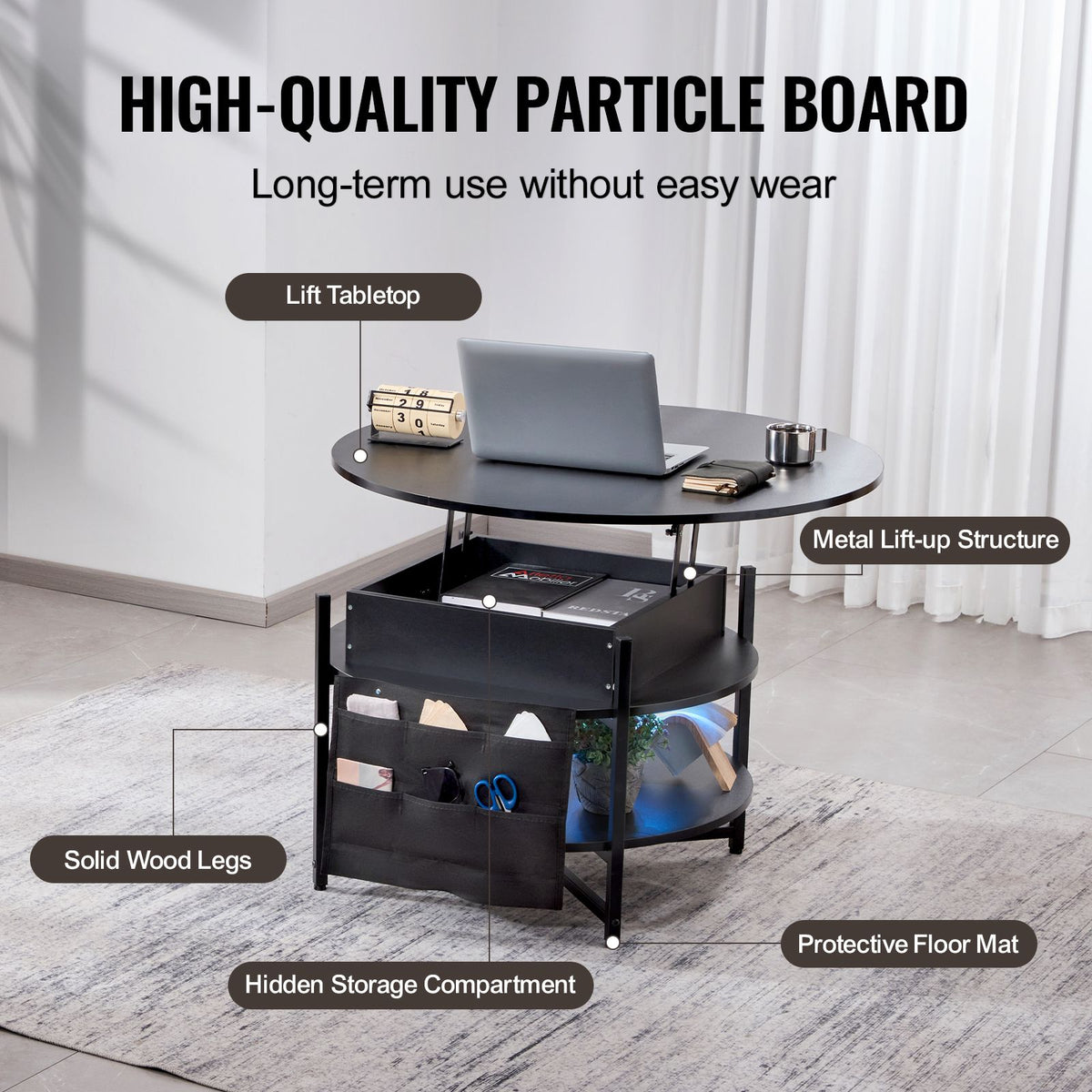Lift Top Coffee Table 35.3" Round Coffee Table for Living Room Black-Furniture > Outdoor > Outdoor Dining Sets-PEROZ Accessories