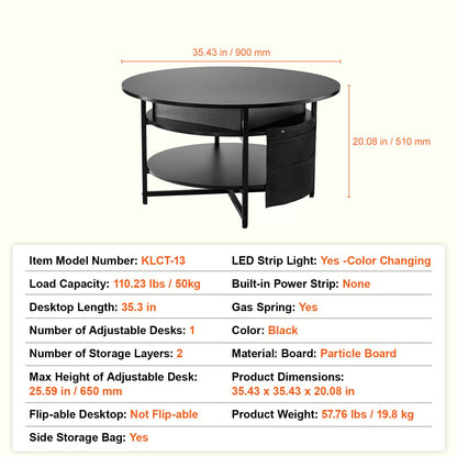 Lift Top Coffee Table 35.3" Round Coffee Table for Living Room Black-Furniture > Outdoor > Outdoor Dining Sets-PEROZ Accessories