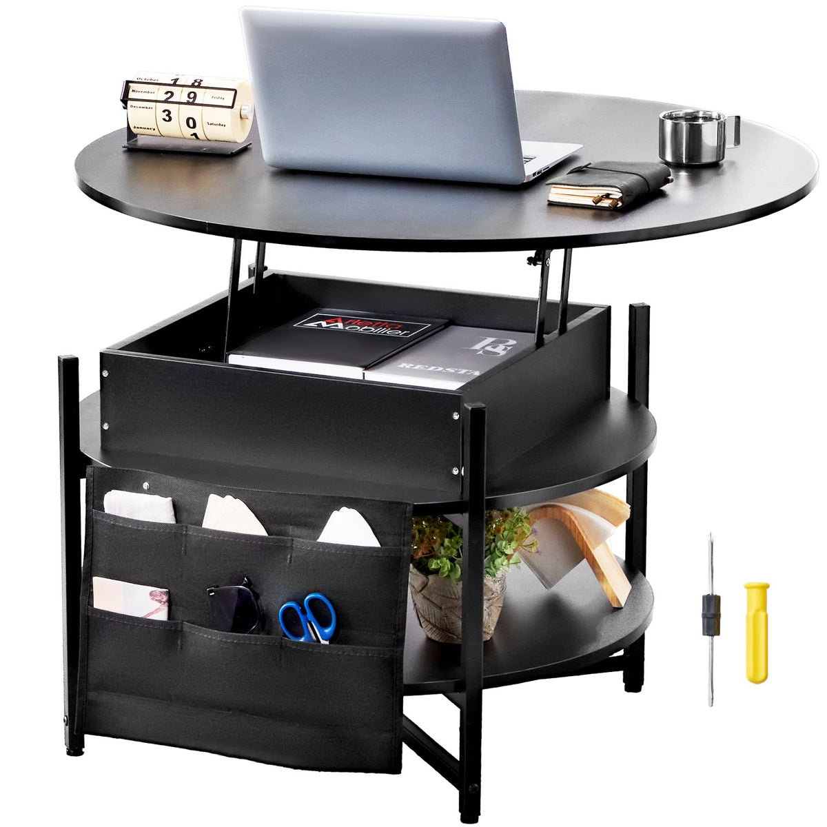 Lift Top Coffee Table 35.3" Round Coffee Table for Living Room Black-Furniture > Outdoor > Outdoor Dining Sets-PEROZ Accessories