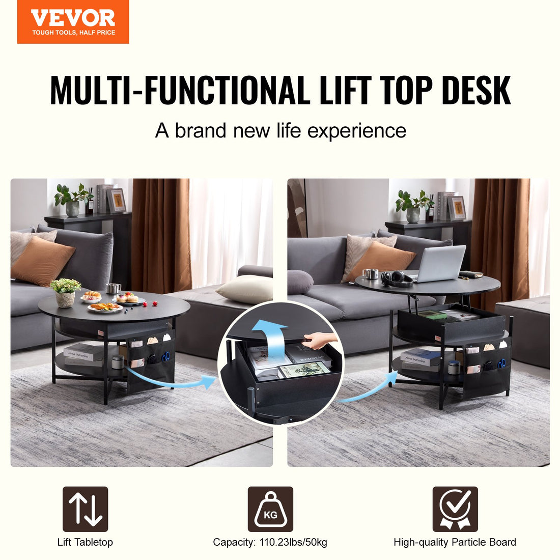 VEVOR Lift Top Coffee Table 35.3" Round Coffee Table for Living Room Black-Furniture > Outdoor > Outdoor Dining Sets-PEROZ Accessories
