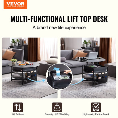 VEVOR Lift Top Coffee Table 35.3" Round Coffee Table for Living Room Black-Furniture > Outdoor > Outdoor Dining Sets-PEROZ Accessories