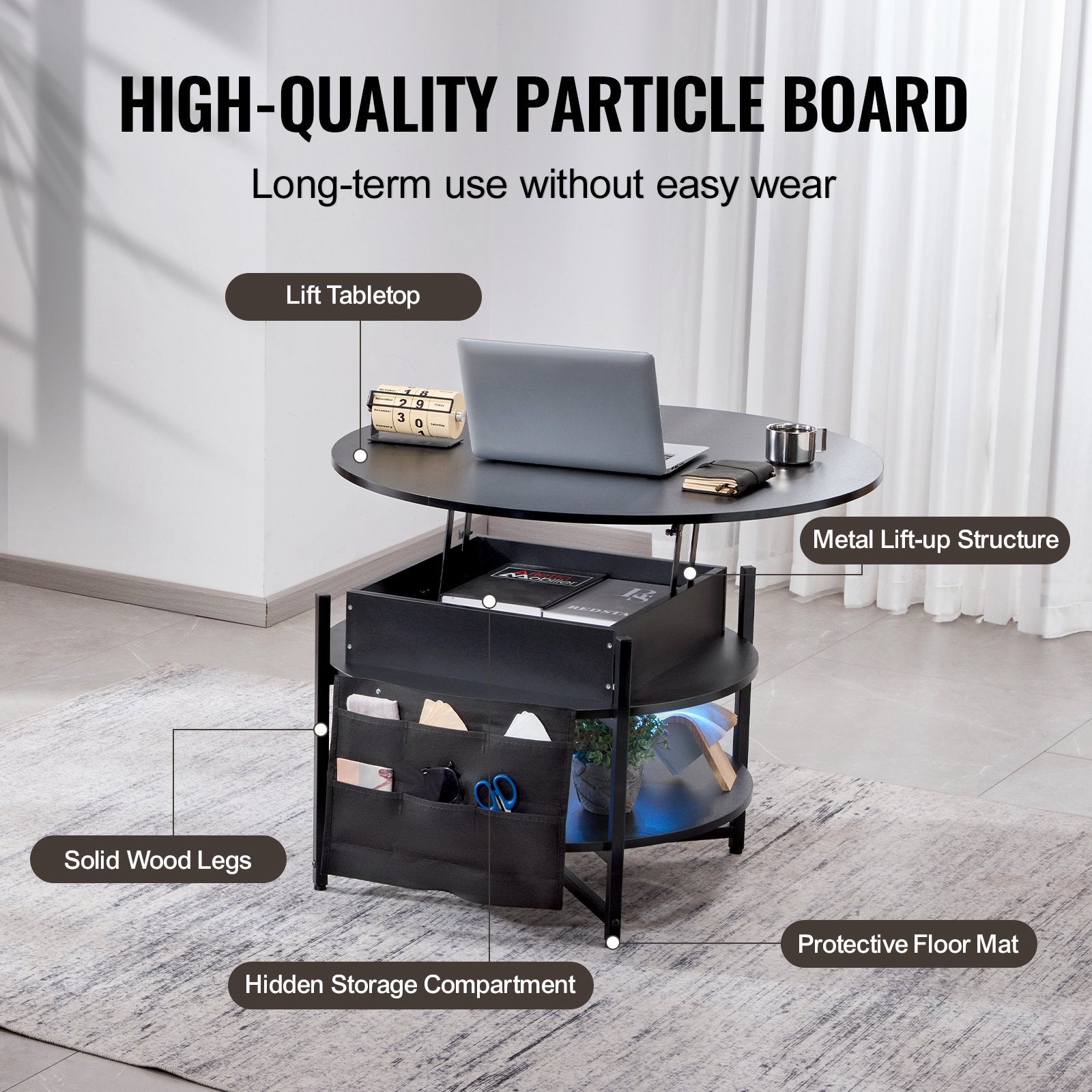 VEVOR Lift Top Coffee Table 35.3" Round Coffee Table for Living Room Black-Furniture > Outdoor > Outdoor Dining Sets-PEROZ Accessories