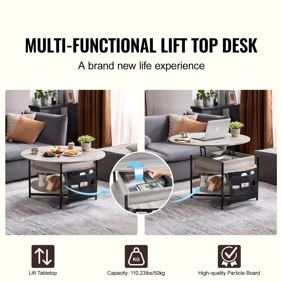 Lift Top Coffee Table 35.3" Round Coffee Table for Living Room White-Furniture > Outdoor > Outdoor Dining Sets-PEROZ Accessories