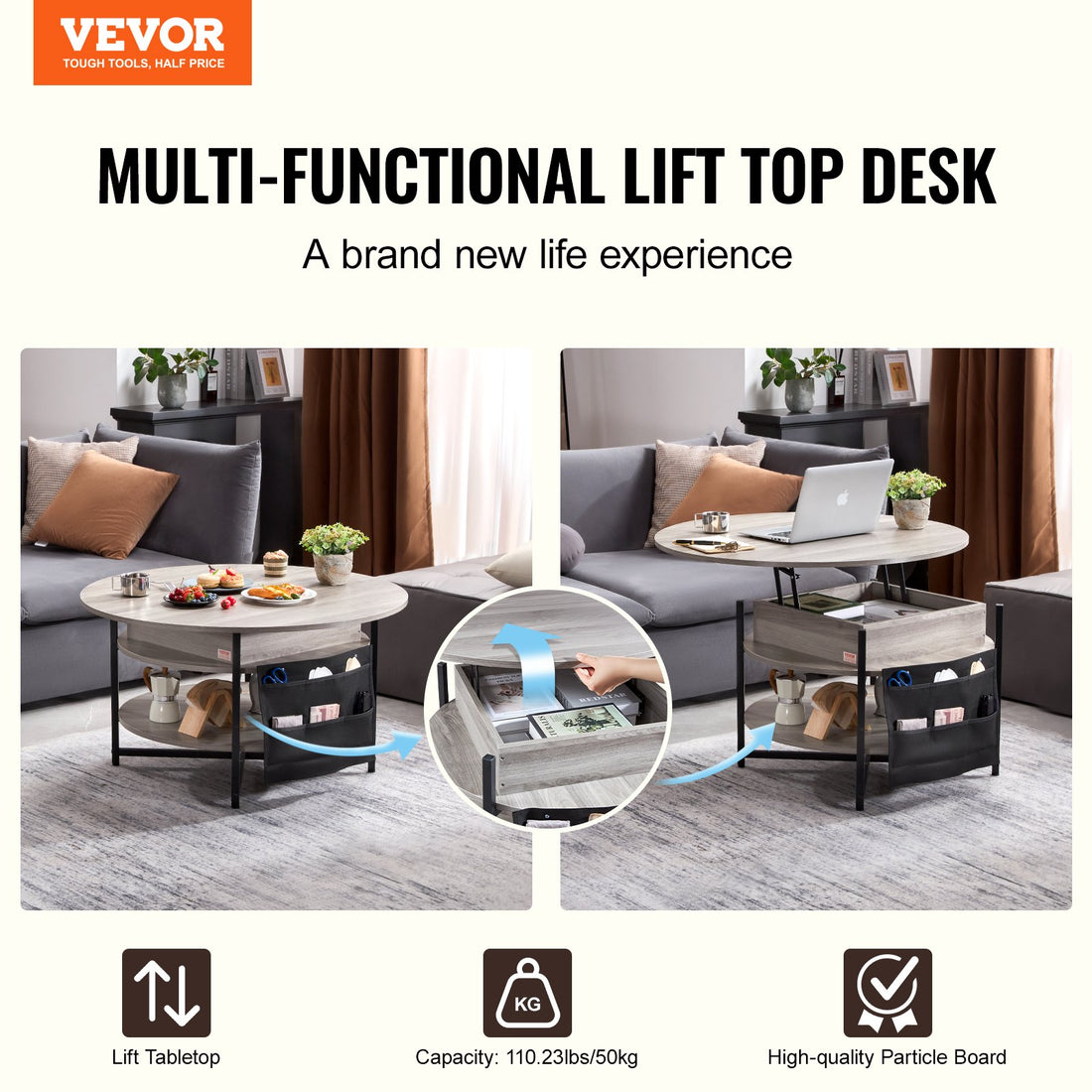 VEVOR Lift Top Coffee Table 35.3" Round Coffee Table for Living Room White-Furniture > Outdoor > Outdoor Dining Sets-PEROZ Accessories