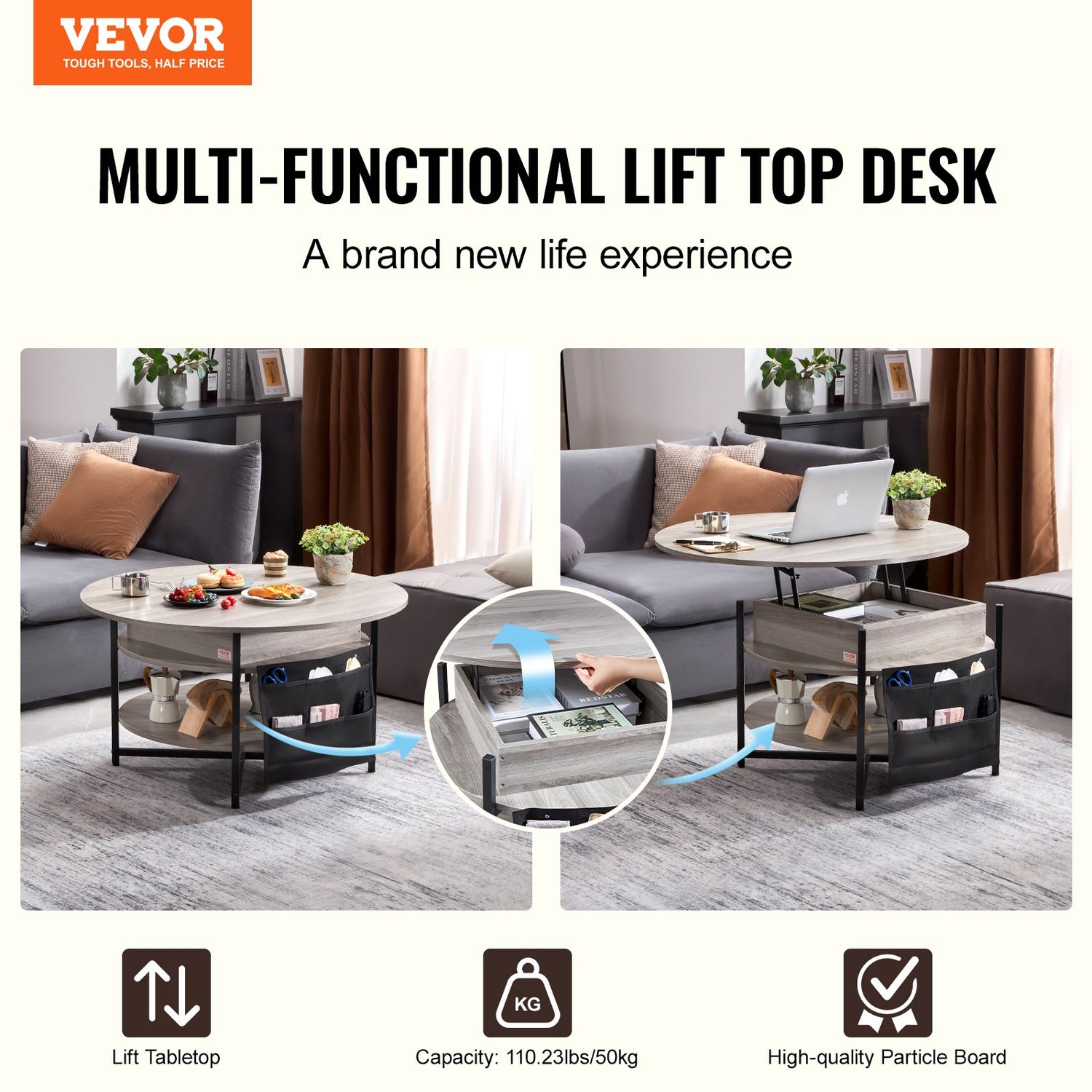 VEVOR Lift Top Coffee Table 35.3" Round Coffee Table for Living Room White-Furniture > Outdoor > Outdoor Dining Sets-PEROZ Accessories