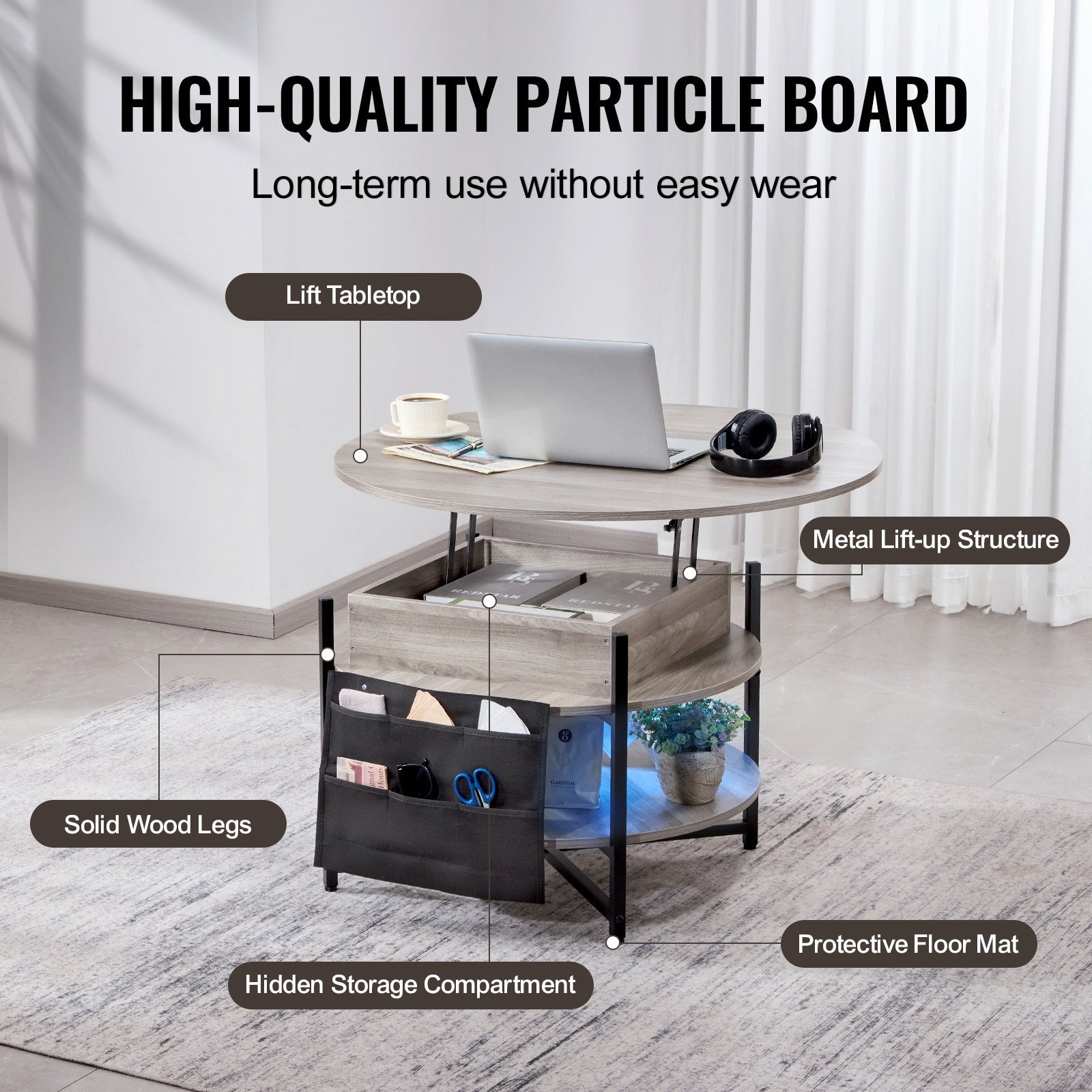 VEVOR Lift Top Coffee Table 35.3" Round Coffee Table for Living Room White-Furniture > Outdoor > Outdoor Dining Sets-PEROZ Accessories
