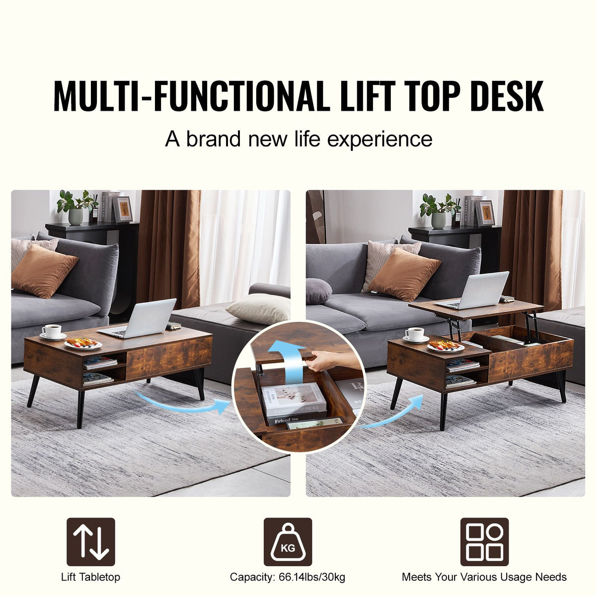 Lift Top Coffee Table 39.4 in Rectangle Coffee Table for Living Room Brown-Furniture > Outdoor > Outdoor Dining Sets-PEROZ Accessories