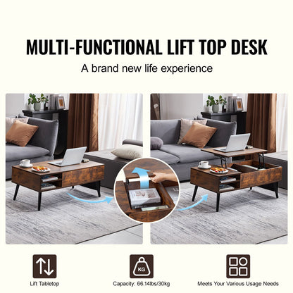 Lift Top Coffee Table 39.4 in Rectangle Coffee Table for Living Room Brown-Furniture > Outdoor > Outdoor Dining Sets-PEROZ Accessories