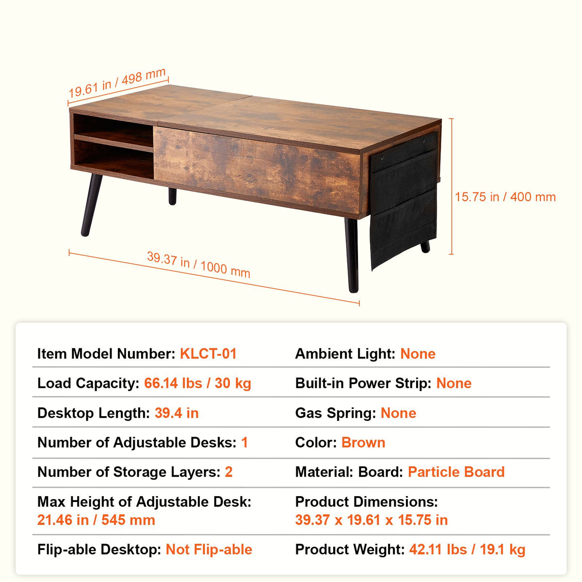 Lift Top Coffee Table 39.4 in Rectangle Coffee Table for Living Room Brown-Furniture > Outdoor > Outdoor Dining Sets-PEROZ Accessories