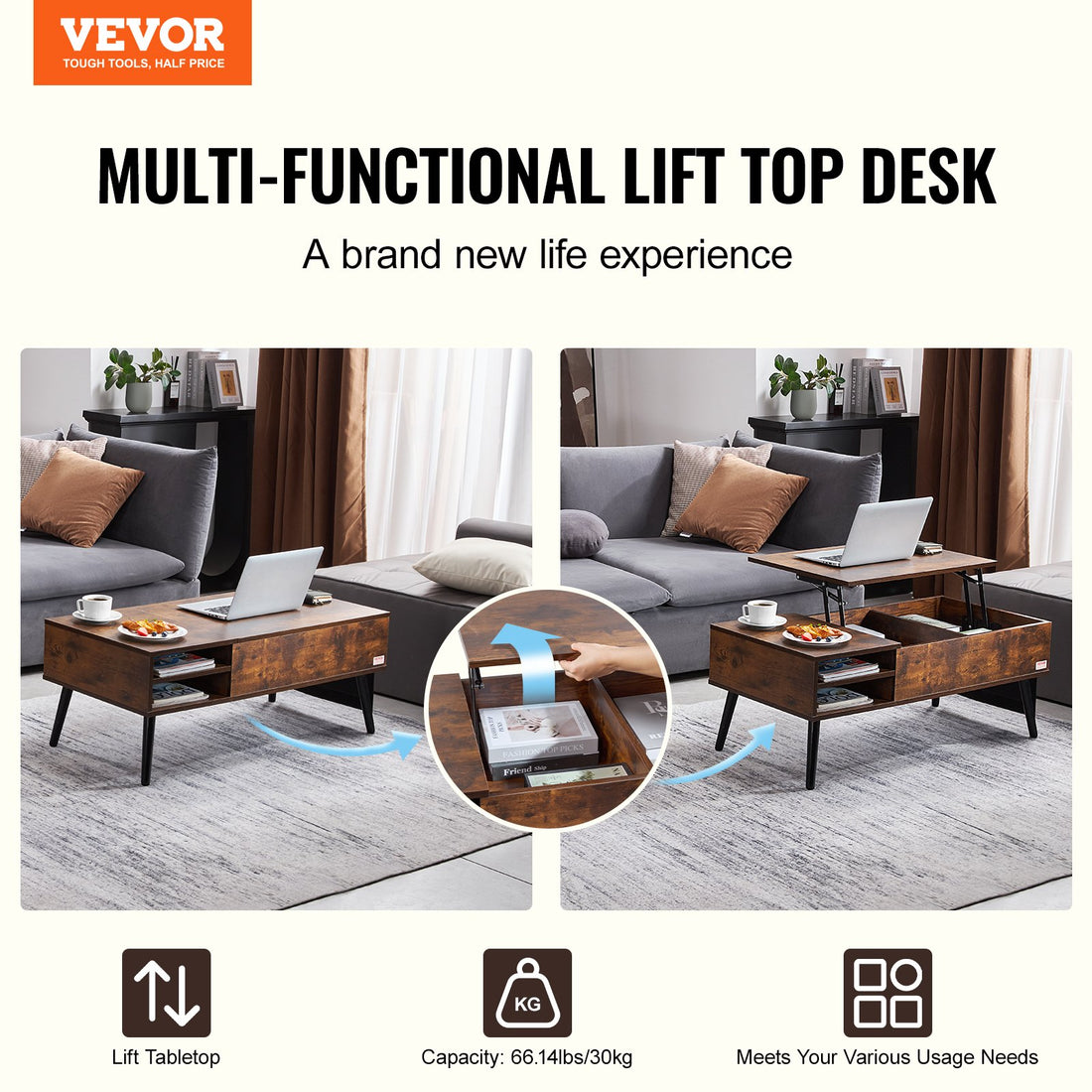 VEVOR Lift Top Coffee Table 39.4 in Rectangle Coffee Table for Living Room Brown-Furniture > Outdoor > Outdoor Dining Sets-PEROZ Accessories