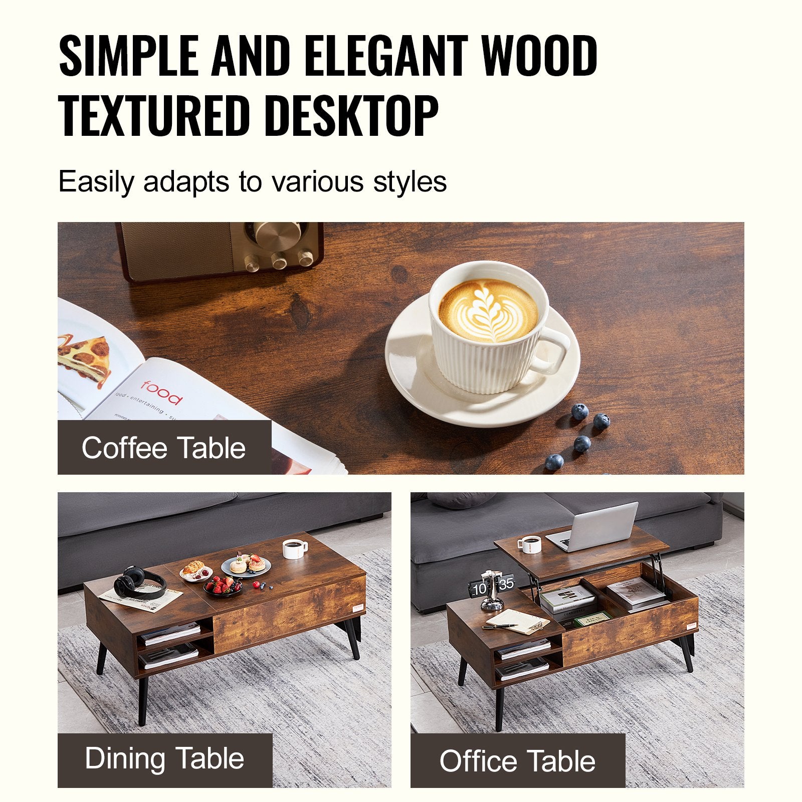 VEVOR Lift Top Coffee Table 39.4 in Rectangle Coffee Table for Living Room Brown-Furniture > Outdoor > Outdoor Dining Sets-PEROZ Accessories