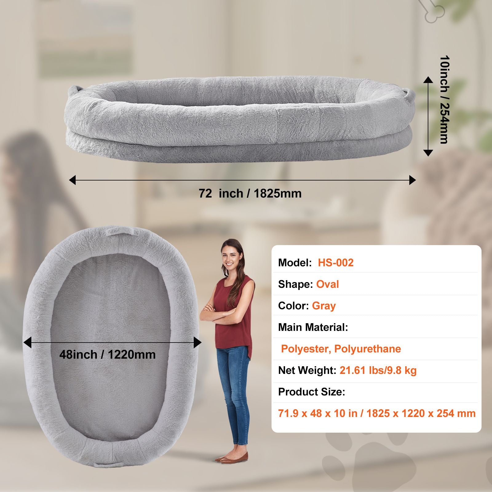 Human Dog Bed 1825x1220x254 mm Human Size Dog Bed Washable Faux Rabbit Fur-Pet Care > Dog Supplies > Dog Beds-PEROZ Accessories