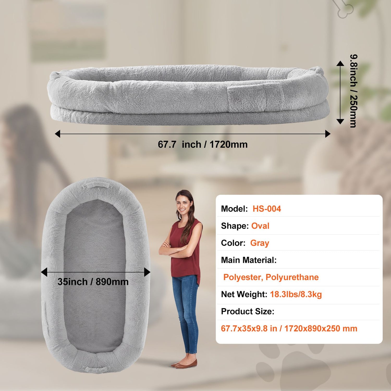 Human Dog Bed 1720x890x250 mm Human Size Dog Bed Washable Faux Rabbit Fur-Pet Care > Dog Supplies > Dog Beds-PEROZ Accessories